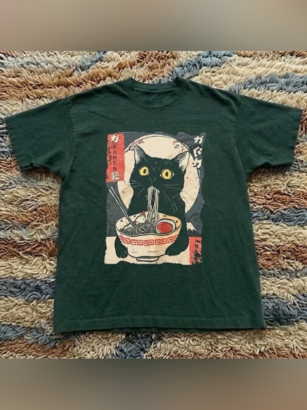 Forest Green Tee with Black Cat and Yellow Eyes Ramen Graphic
